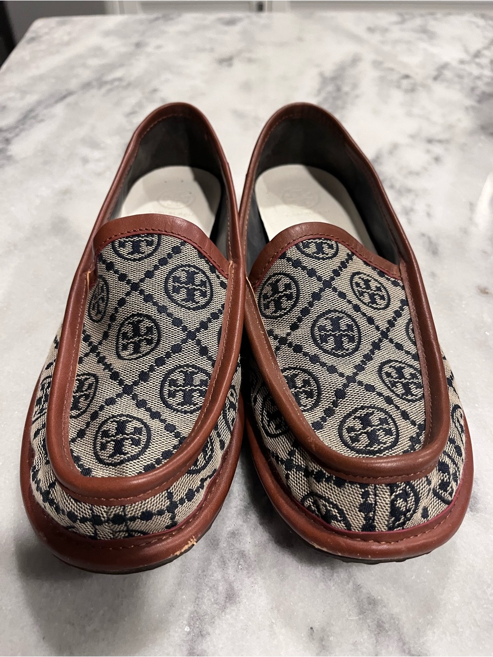 Tory Burch Navy Monogram Canvas Loafers with Brown Trim
